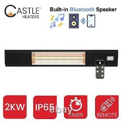 2KW Outdoor Electric Patio Heater Garden Wall Infrared Bluetooth Speaker Black