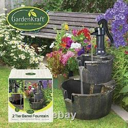 2 Tier Garden Barrel Pump Water Fountain Cascade Outdoor Patio Deck Feature