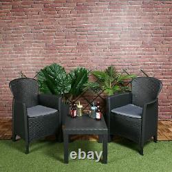 3Pc Cushioned Black Rattan Outdoor Garden Furniture Table Chair Conversation Set