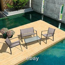 3 Pcs Garden Balcony Set Glass Table+3 Mesh Chairs Patio Indoor&Outdoor Pool Set