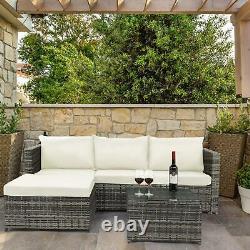 3 Pieces Rattan Garden Furniture Patio Set Outdoor L-Shape Sofa & Table Set Grey
