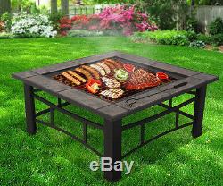 3 in 1 Outdoor Garden Fire Pit BBQ Brazier Square Tile Stove Patio Heater New