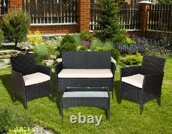 4PC Rattan Garden Patio Furniture Set Outdoor 2 Chairs 1 Sofa & Coffee Table