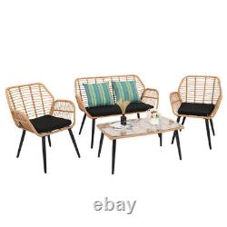 4 PCS Outdoor Garden Wicker Rattan Furniture Set Loveseat Chair Patio Table Set