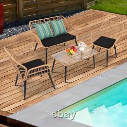 4 PCS Outdoor Garden Wicker Rattan Furniture Set Loveseat Chair Patio Table Set