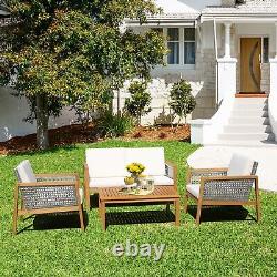 4-Piece Garden Wicker Patio Furniture Set Outdoor Acacia Wood Conversation Set