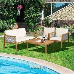 4-Piece Garden Wicker Patio Furniture Set Outdoor Acacia Wood Conversation Set