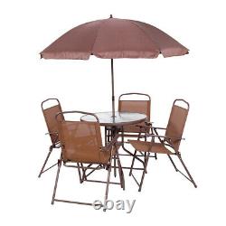 6PCS Garden Patio Furniture Set Outdoor Brown 4 Seater Large Round Table Parasol