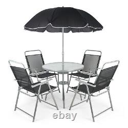 6PC Garden Patio Furniture Set Outdoor Grey 4 Seat Round Table Chairs & Parasol