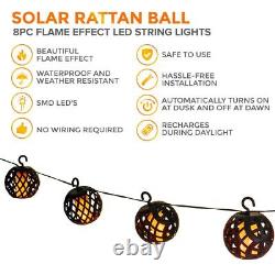 8 X Solar Rattan Ball Flame Effect LED String Hanging LIght Garden Lantern Patio