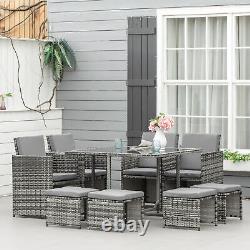 9PC Rattan Garden Furniture Outdoor Patio Dining Table Set with 8 Stools Grey