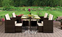 9PC Rattan Outdoor Garden Patio Furniture Set 4 Chairs 4 Stools & Dining Table