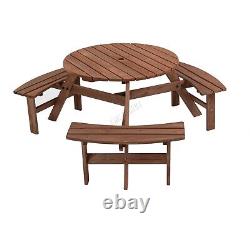 BIRCHTREE Garden Picnic Bench Wooden Round Table Patio Set 6 Seat Outdoor Brown