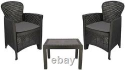 Black Bistro Set Garden Furniture 3 Pc Patio Outdoor Table Armchairs Poly Rattan
