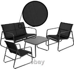 Black Mesh Outdoor Furniture Set 4 Piece Sofa Glass Table 2x Chairs Garden Patio
