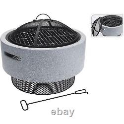 Garden Fire Pit Bowl Stone Charcoal BBQ Rack Outdoor Summer Patio Grey