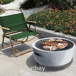 Garden Fire Pit Bowl Stone Charcoal BBQ Rack Outdoor Summer Patio Grey