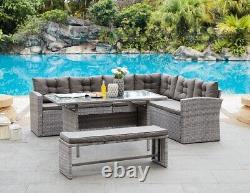 Garden Outdoor Corner Set Grey Rattan Patio Lounge Dining Sofa Set Table & Bench