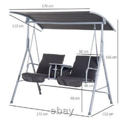Home Garden Patio Outdoor Steel Frame 2-Seater Swing Chair with Drink Table Grey