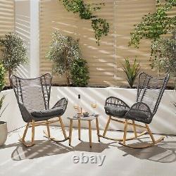 Outdoor Patio Bistro Set Rattan Rocking Chairs And Table Grey Garden Furniture