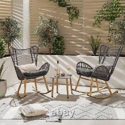 Outdoor Patio Bistro Set Rattan Rocking Chairs And Table Grey Garden Furniture