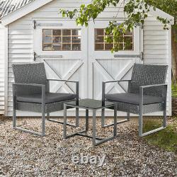 Outdoor Patio Garden Wicker Rattan Chair Table Bistro Set with Cushion -3pcs Set