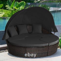 Outdoor Rattan Daybed Patio Garden Sectional Furniture Set With Retractable Canopy