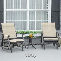 Outsunny 3PCS Outdoor Gliding Chairs with Table Set Patio Garden Furniture Khaki