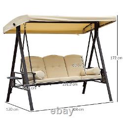 Outsunny 3 Seat Garden Swing Chair Patio Steel Swing Bench with Cup Trays Beige