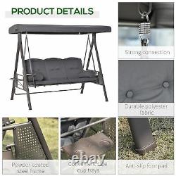 Outsunny 3 Seat Garden Swing Chair Patio Steel Swing Bench with Cup Trays Grey
