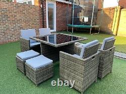 RATTAN GARDEN FURNITURE CUBE SET 4x CHAIRS, 4x STOOLS & TABLE OUTDOOR PATIO
