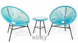 Rattan 3 Piece Bistro Set Patio Set Outdoor Table & Chairs Garden Seating Blue