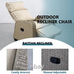 Reclining Garden Armchair Rattan Outdoor Recliner Cushioned Patio Chair -Natural