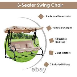 Swing Chair Garden Hammock Convertible Canopy Bed 3 Seater Steel Beige Patio