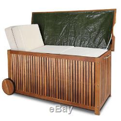 Wooden Cushion Box Wheels 117cm Acacia Wood Outdoor Patio Garden Storage Chest