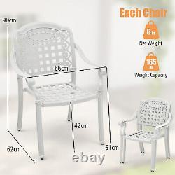 2X Chaises de salle à manger empilables d'extérieur, en aluminium moulé, pour patio et jardin, avec accoudoirs, blanches.