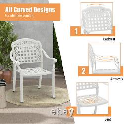 2X Chaises de salle à manger empilables d'extérieur, en aluminium moulé, pour patio et jardin, avec accoudoirs, blanches.