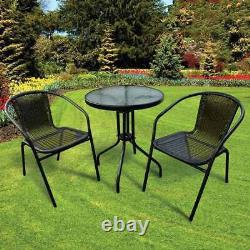 3 Pièces Black Rattan Bistro Set Table & Chaises Patio Meubles De Jardin D'extérieur