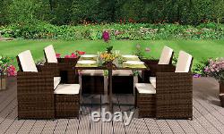 9pc Rattan Outdoor Garden Patio Furniture Set 4 Chaises 4 Tabourets & Table À Manger
