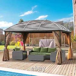 Abri de jardin en acier robuste avec toit pare-soleil et rideaux brun pour patio extérieur.