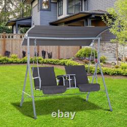 Chaise à bascule 2 places avec table d'appoint en acier pour jardin extérieur de maison, gris.