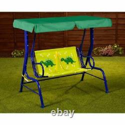 Chaise balançoire en métal pour enfants avec motif de dinosaure et hamac 2 places de couleur bleue pour jardin et terrasse extérieure.