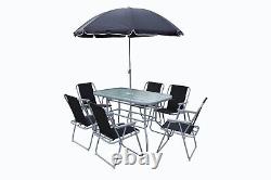 Ensemble à manger de jardin en métal pour terrasse en plein air avec conservatoire, six places assises + parasol.