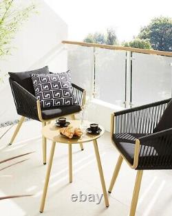 Ensemble bistrot de jardin extérieur à 2 places avec coussins noirs et table dorée