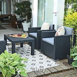 Ensemble de conversation de jardin de salon noir en rotin pour patio avec coussins - 4 pièces