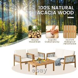 Ensemble de meubles de jardin en rotin de 4 pièces pour terrasse en bois d'acacia, ensemble de conversation extérieur.