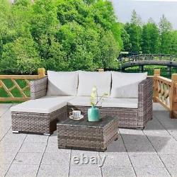 Ensemble de meubles de jardin en rotin en forme de L à 3 pièces, coin salon gris pour patio extérieur, au Royaume-Uni.