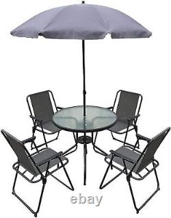 Ensemble de meubles de patio de jardin extérieur 6 pièces gris avec table ronde 4 places, chaises et parasol