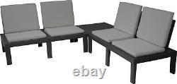 Ensemble de mobilier de jardin 5 pièces en noir pour terrasse extérieure avec chaise rembourrée et table basse.