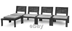 Ensemble de mobilier de jardin 5 pièces en noir pour terrasse extérieure avec chaise rembourrée et table basse.